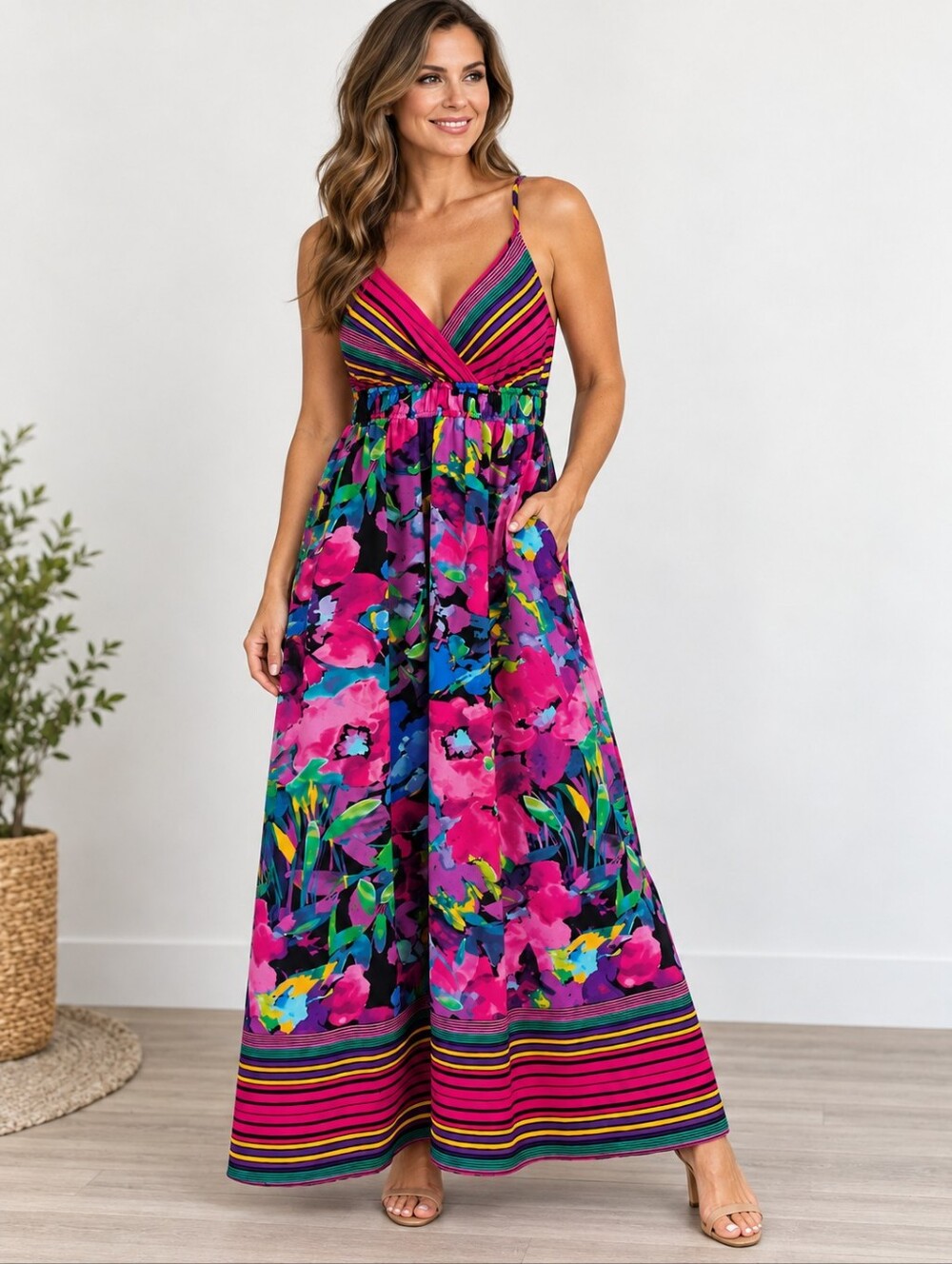 a.n.a. A New Approach Maxi Dress Women's Large Floral Striped Boho Multicolor